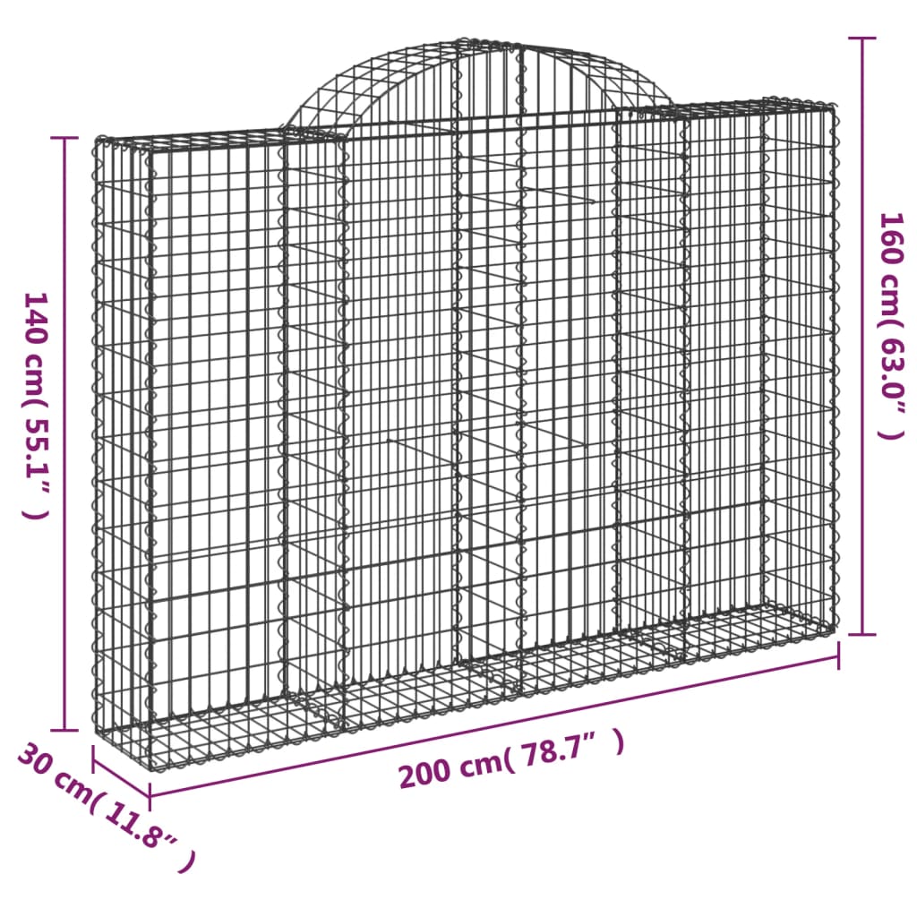 Gabioner bågformade 2 st 200x30x140/160 cm galvaniserat järn