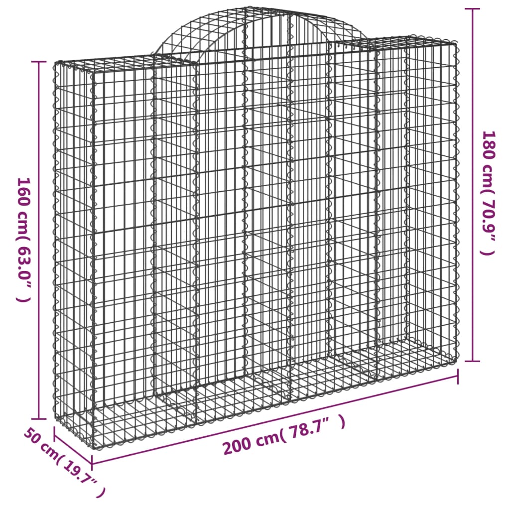 Gabioner bågformade 2 st 200x50x160/180 cm galvaniserat järn