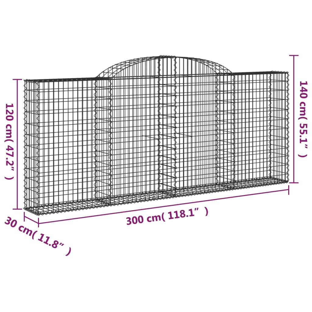 Gabioner bågformade 2 st 300x30x120/140 cm galvaniserat järn