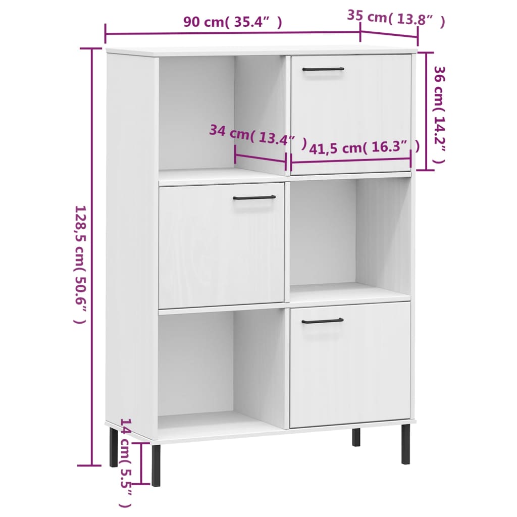 Bokhylla med metallben OSLO vit 90x35x128,5 cm massivt trä