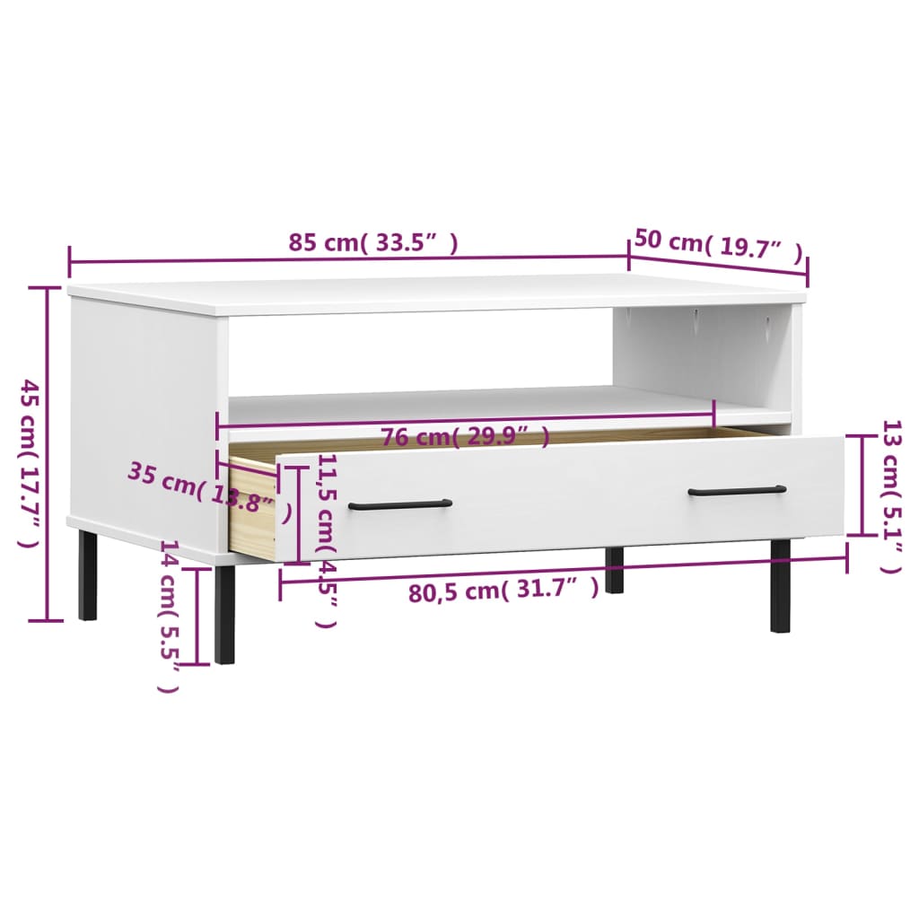 Soffbord med metallben OSLO vit 85x50x45 cm massivt trä