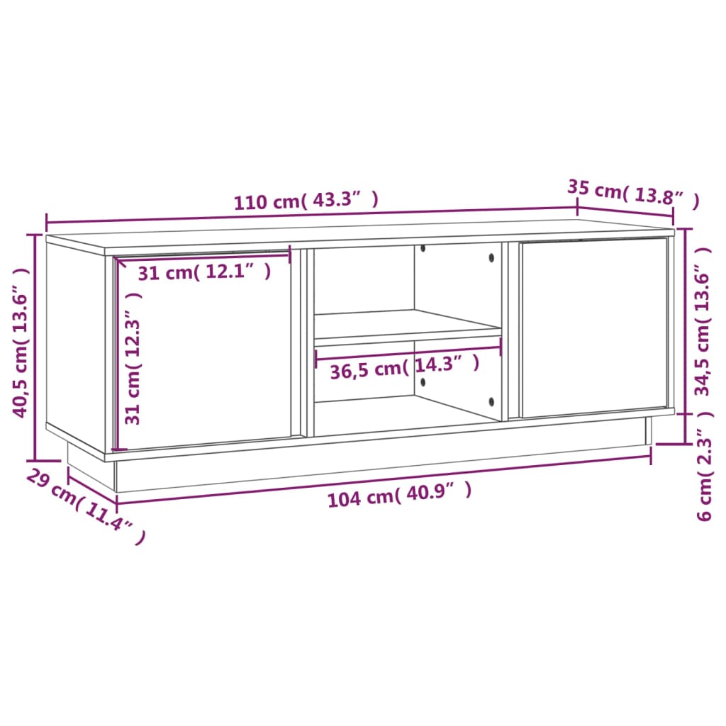 Tv-bänk vit 110x35x40,5 cm massiv furu