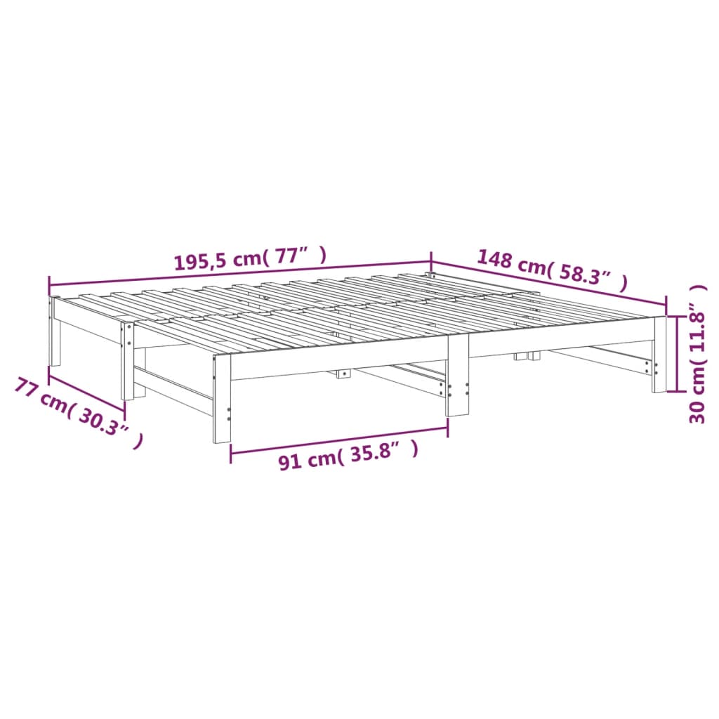 Utdragbar dagbädd 2x(75x190) cm massiv furu