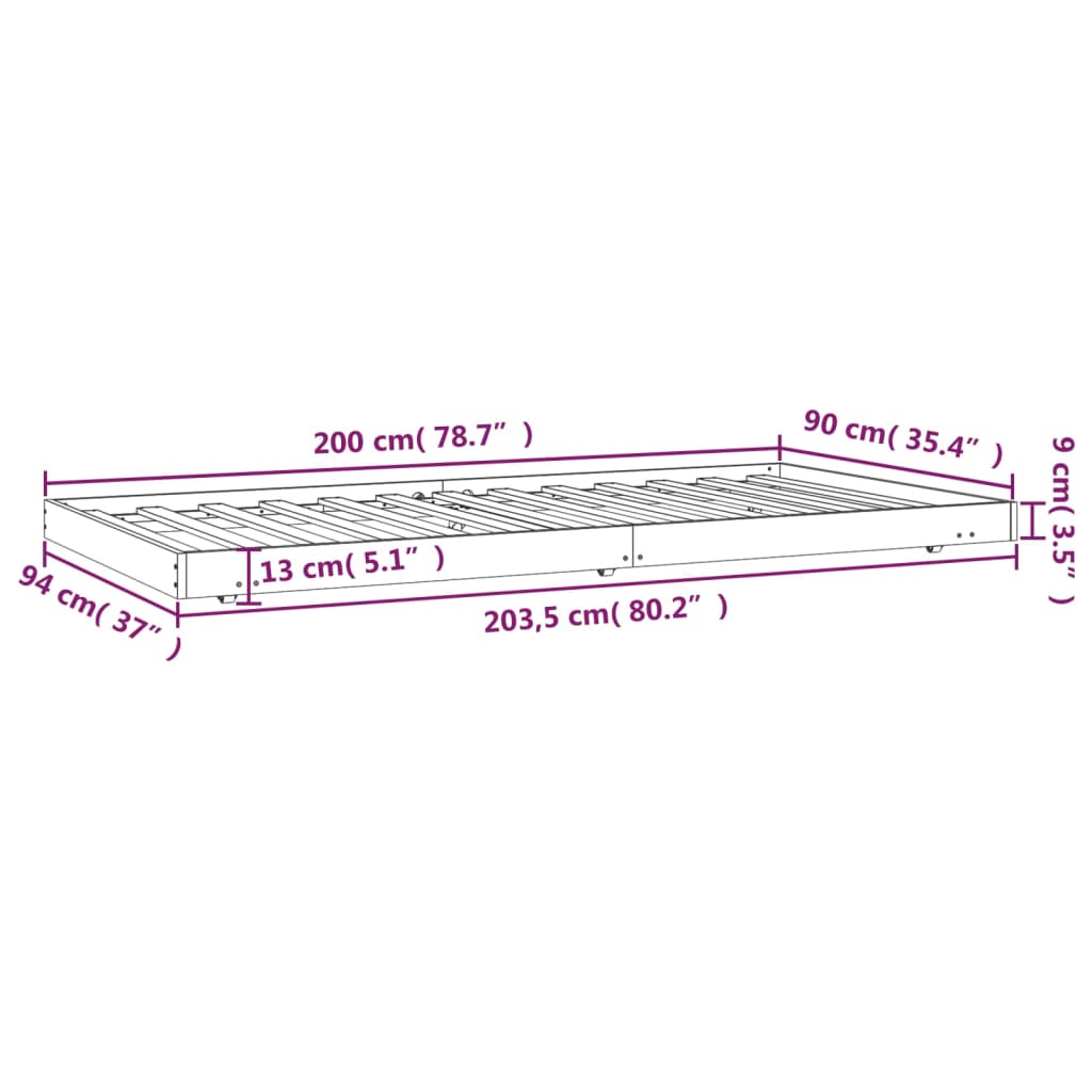 Sängram utan madrass vit 90x200 cm massiv furu