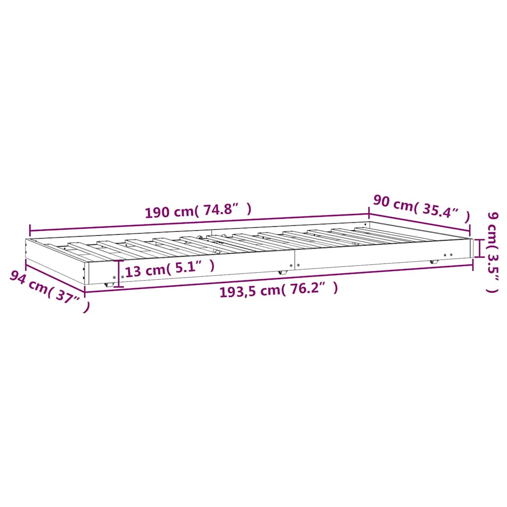 Sängram utan madrass vit 90x190 cm massiv furu