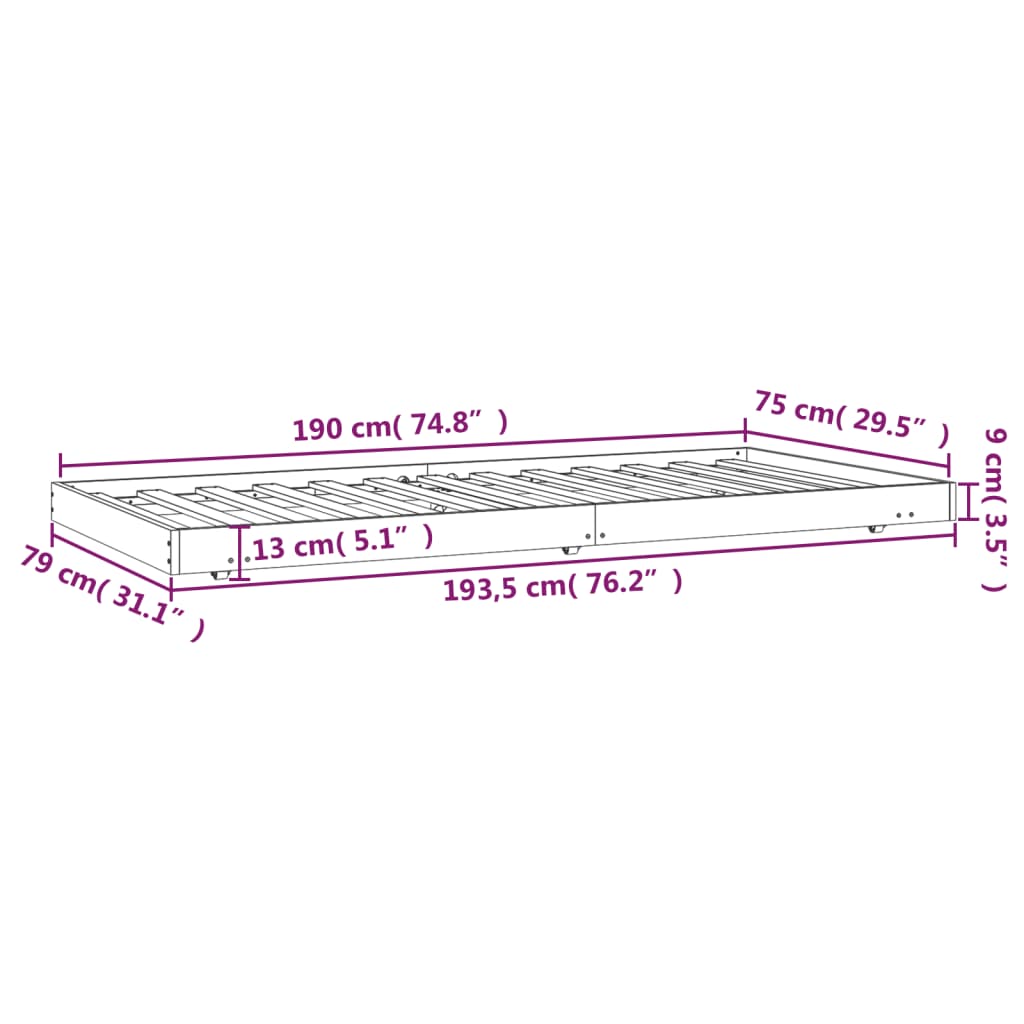 Sängram utan madrass 75x190 cm massiv furu