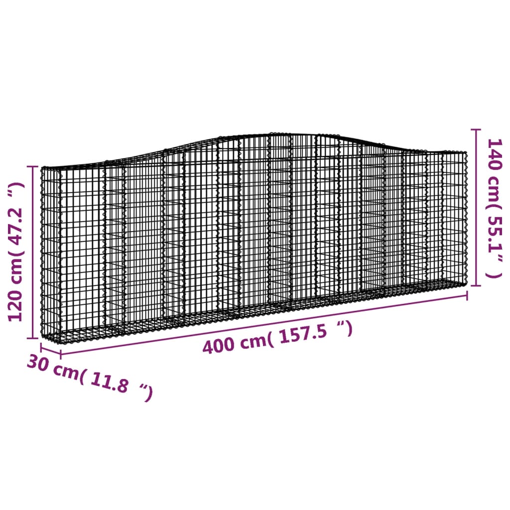 Gabion bågformad 400x30x120/140 cm galvaniserat järn