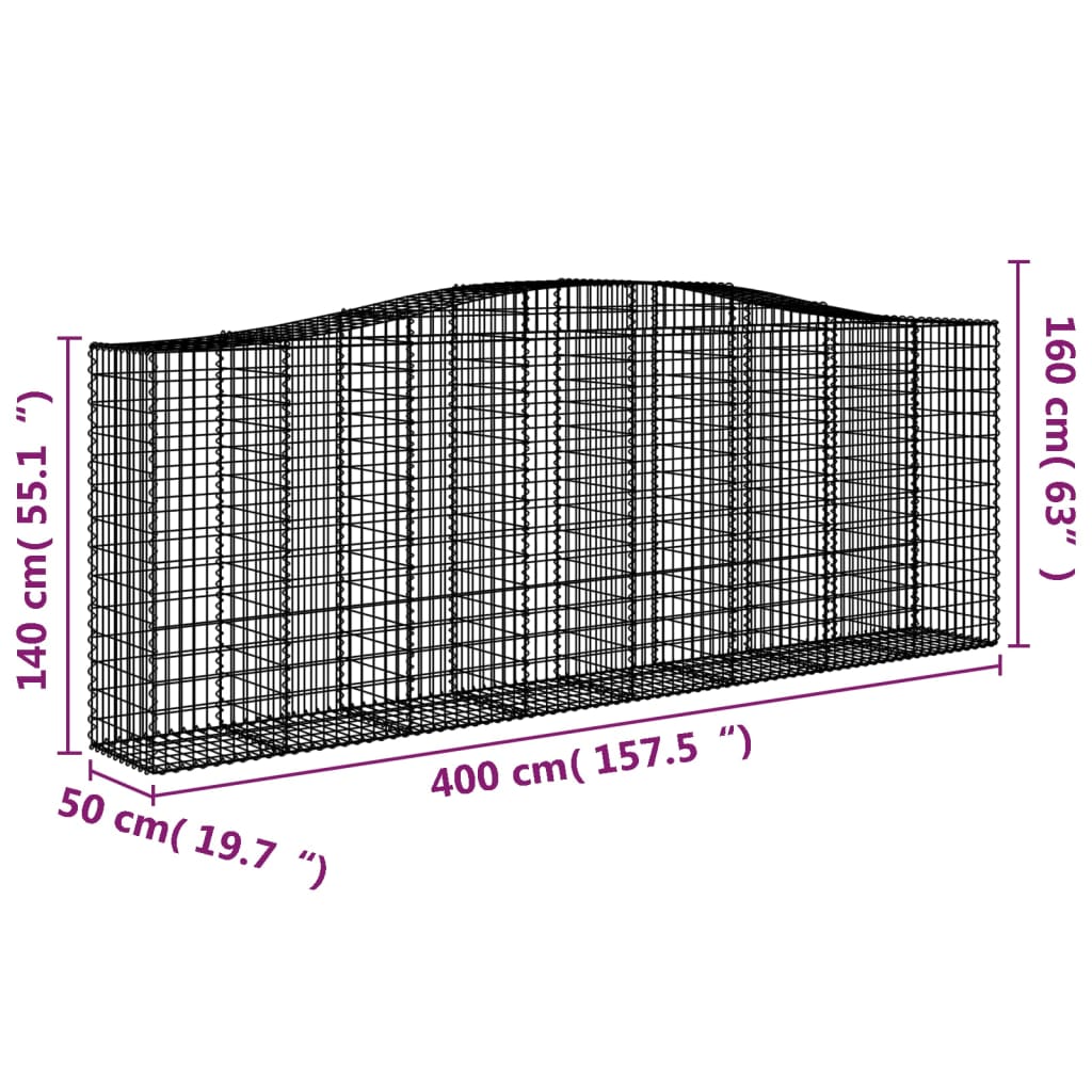 Gabion bågformad 400x50x140/160 cm galvaniserat järn