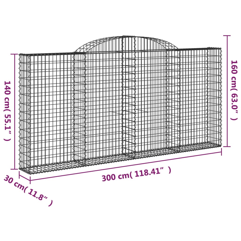 Gabion bågformad 300x30x140/160 cm galvaniserat järn