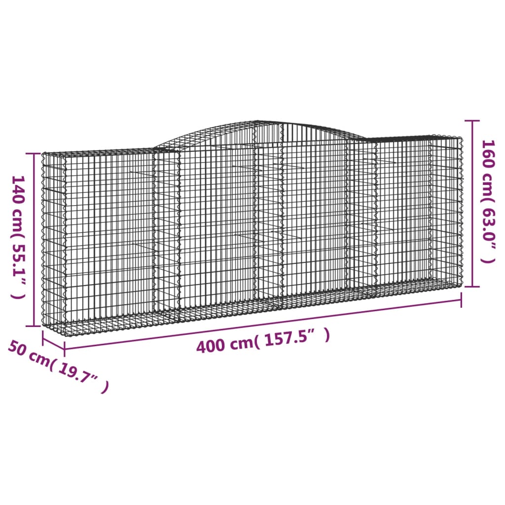 Gabion bågformad 400x50x140/160 cm galvaniserat järn