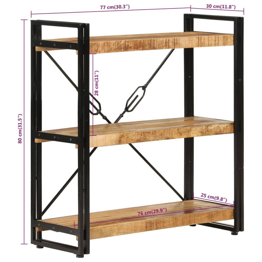 Bokhylla med 3 hyllplan 77x30x80 cm massivt mangoträ och järn