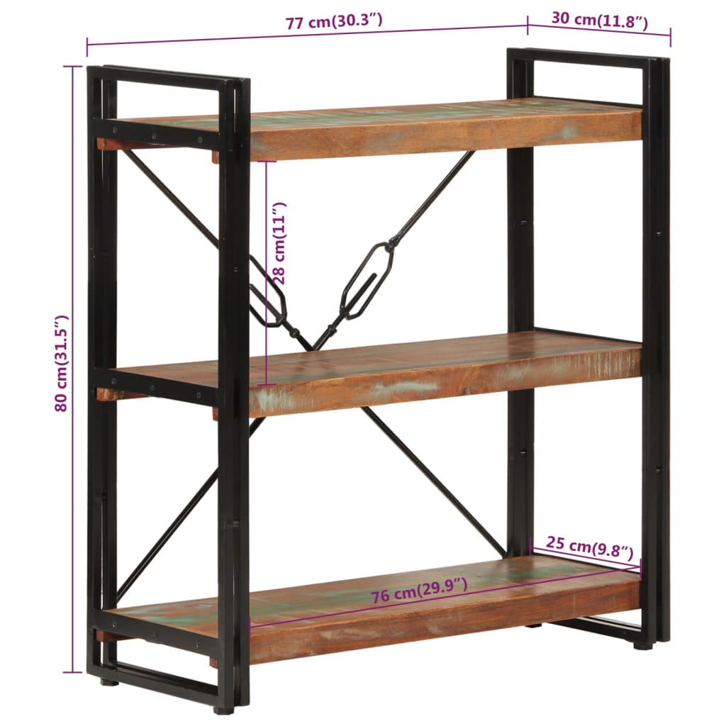 Bokhylla 3 hyllplan 77x30x80 cm massivt återvunnet trä och järn