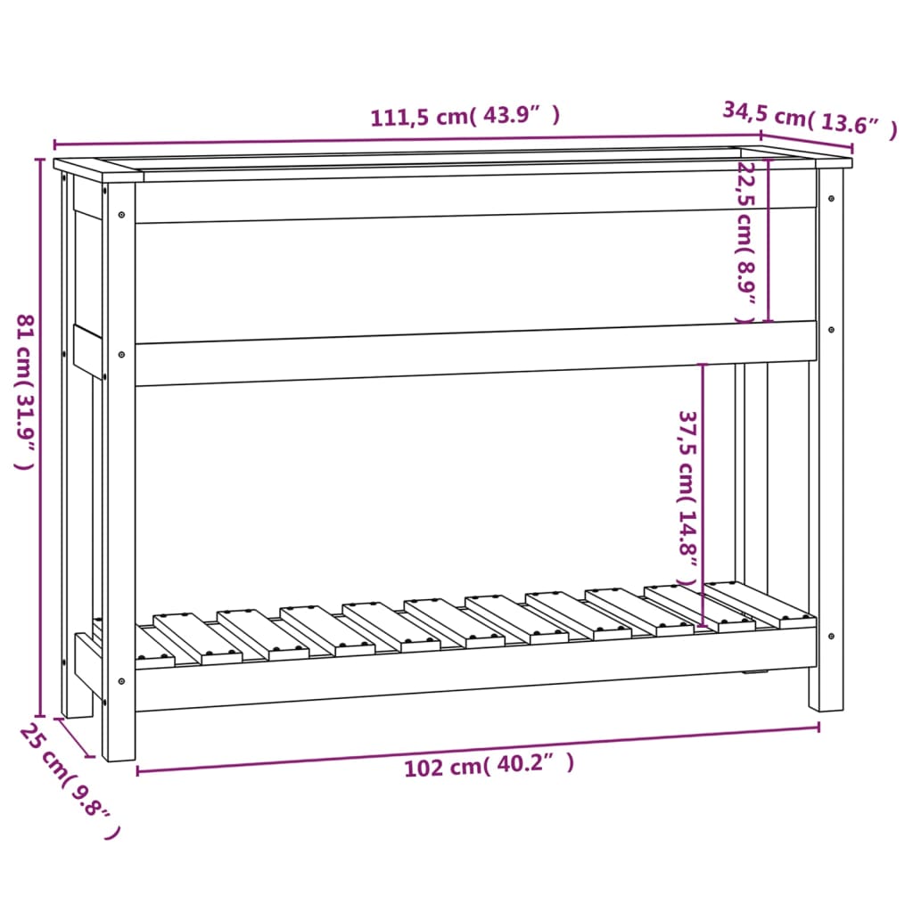 Odlingslåda med hylla vit 111,5x34,5x81 cm massiv furu