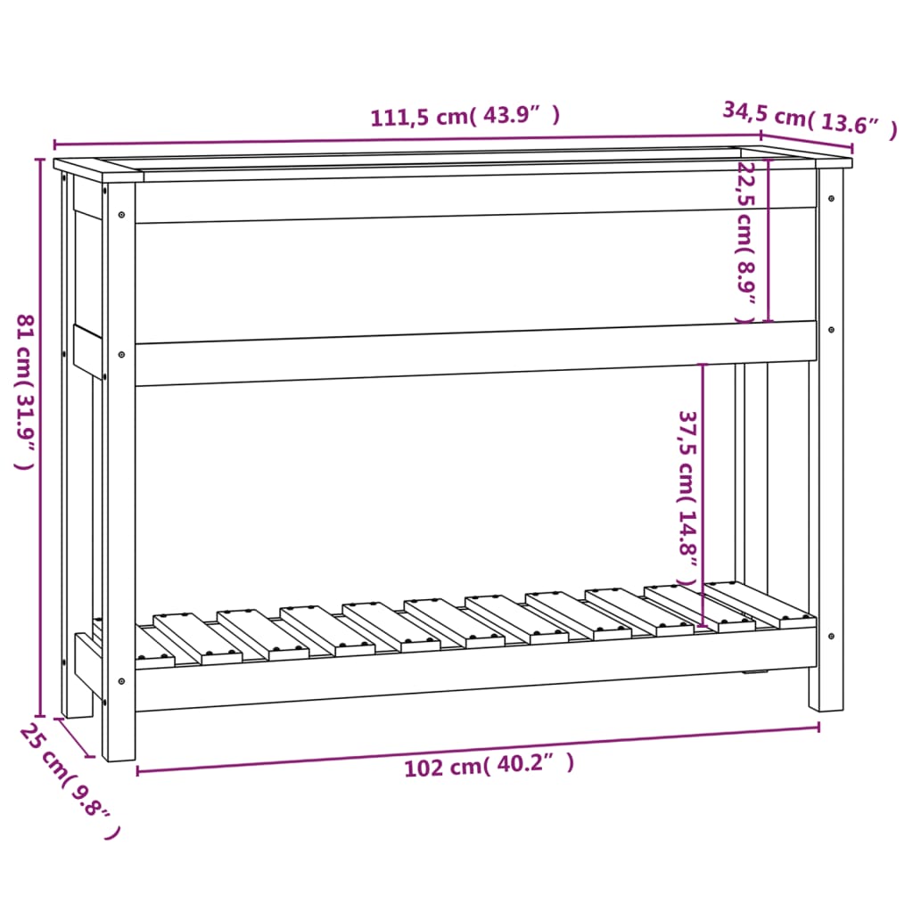 Odlingslåda med hylla svart 111,5x34,5x81 cm massiv furu