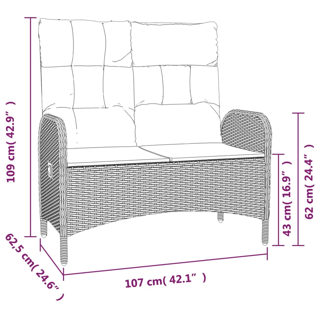 Justerbar trädgårdsbänk med dynor 107 cm konstrotting svart