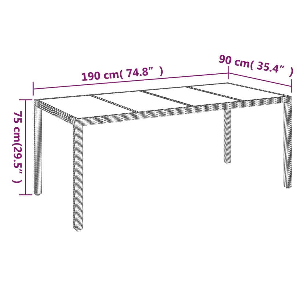 Trädgårdsbord med glasskiva grå 190x90x75 cm konstrotting