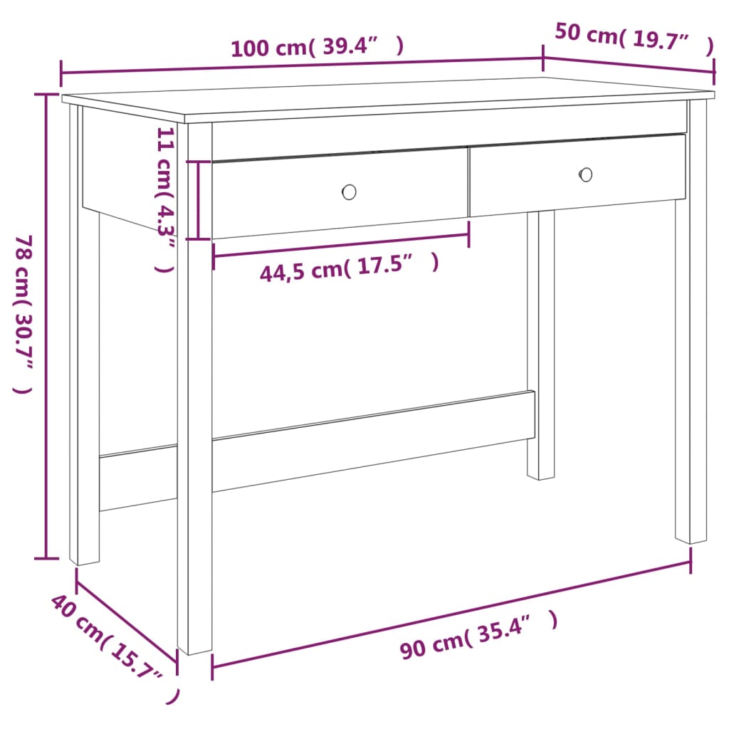 Skrivbord med lådor 110x50x75 cm massiv furu