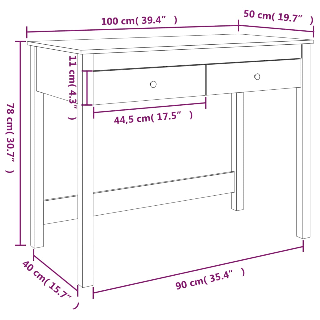 Skrivbord med lådor vit 100x50x78 cm massiv furu