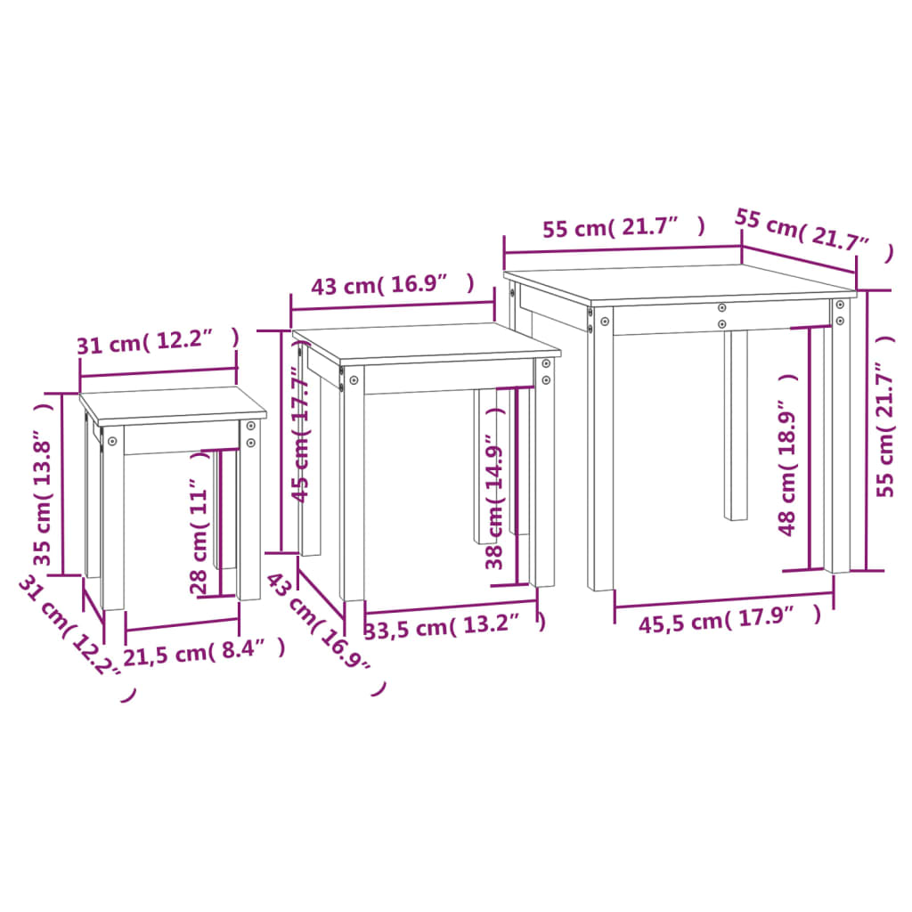 Satsbord 3 st svart massiv furu