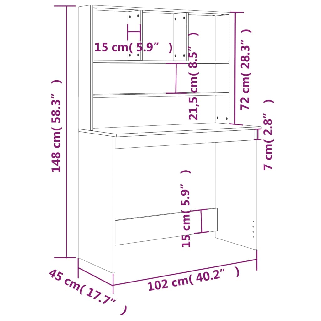 Skrivbord med hyllor sonoma-ek 102x45x148 cm konstruerat trä