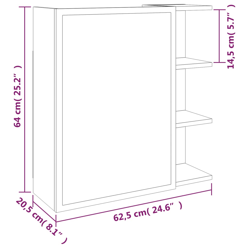 Spegelskåp för badrum rökig ek 62,5x20,5x64 cm konstruerat trä