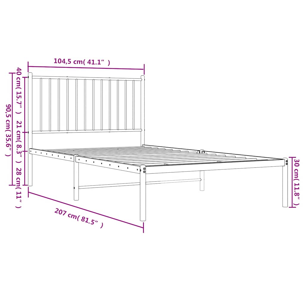 Sängram med huvudgavel metall svart 100x200 cm