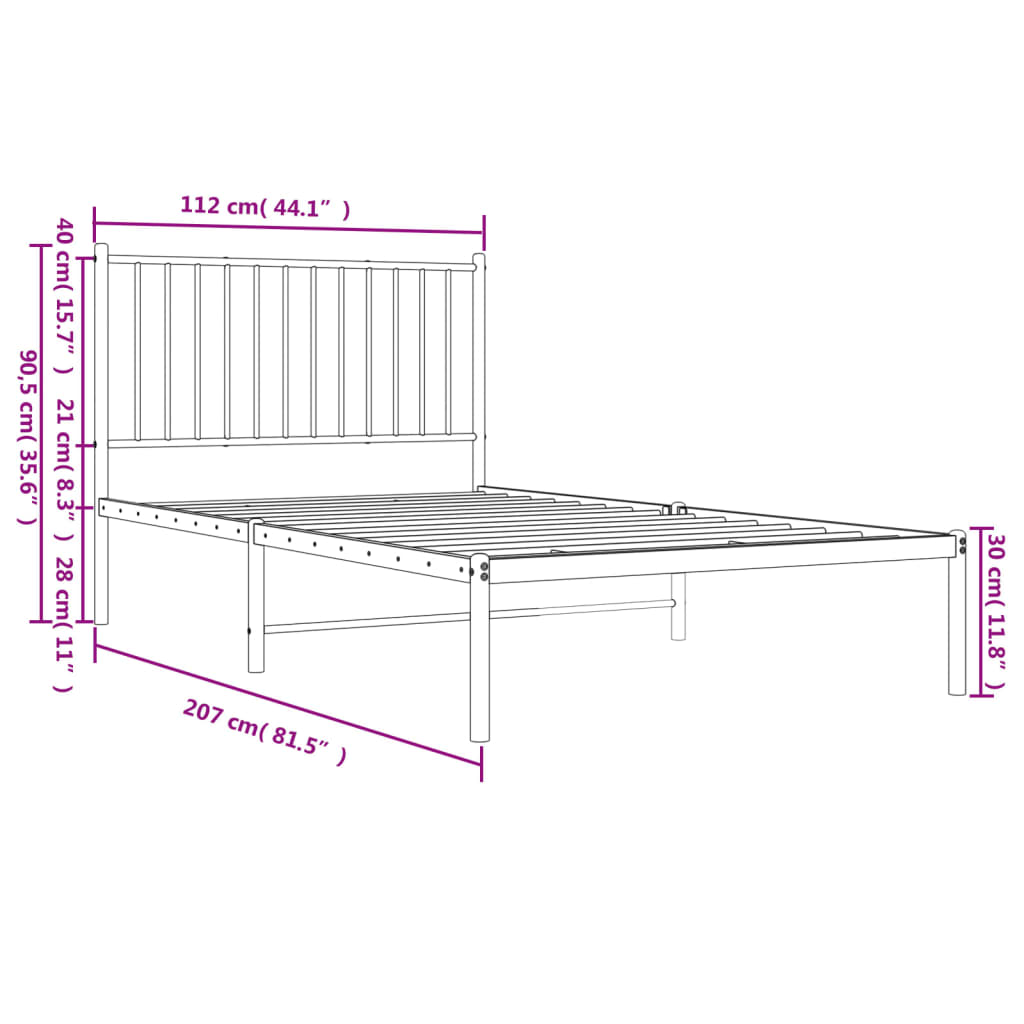 Sängram med huvudgavel metall vit 107x203 cm