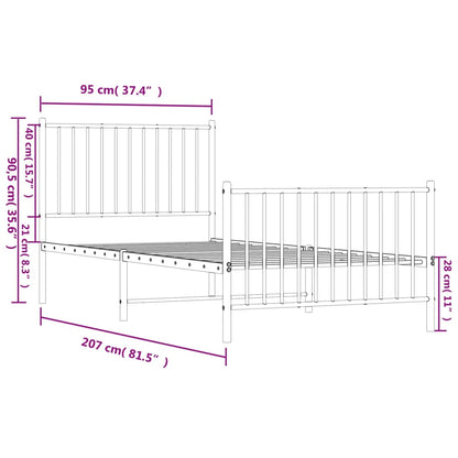 Sängram med huvudgavel och fotgavel vit metall 90x200 cm