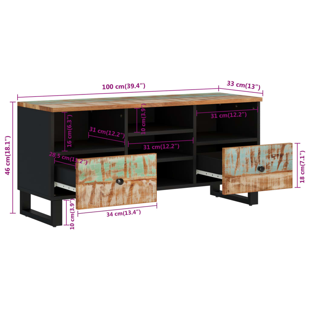 Tv-bänk 100x33x46 cm massivt återvunnet och konstruerat trä