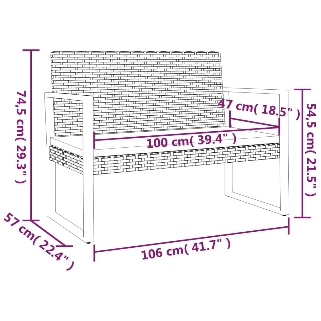 Trädgårdsbänk med dynor svart 106 cm konstrotting