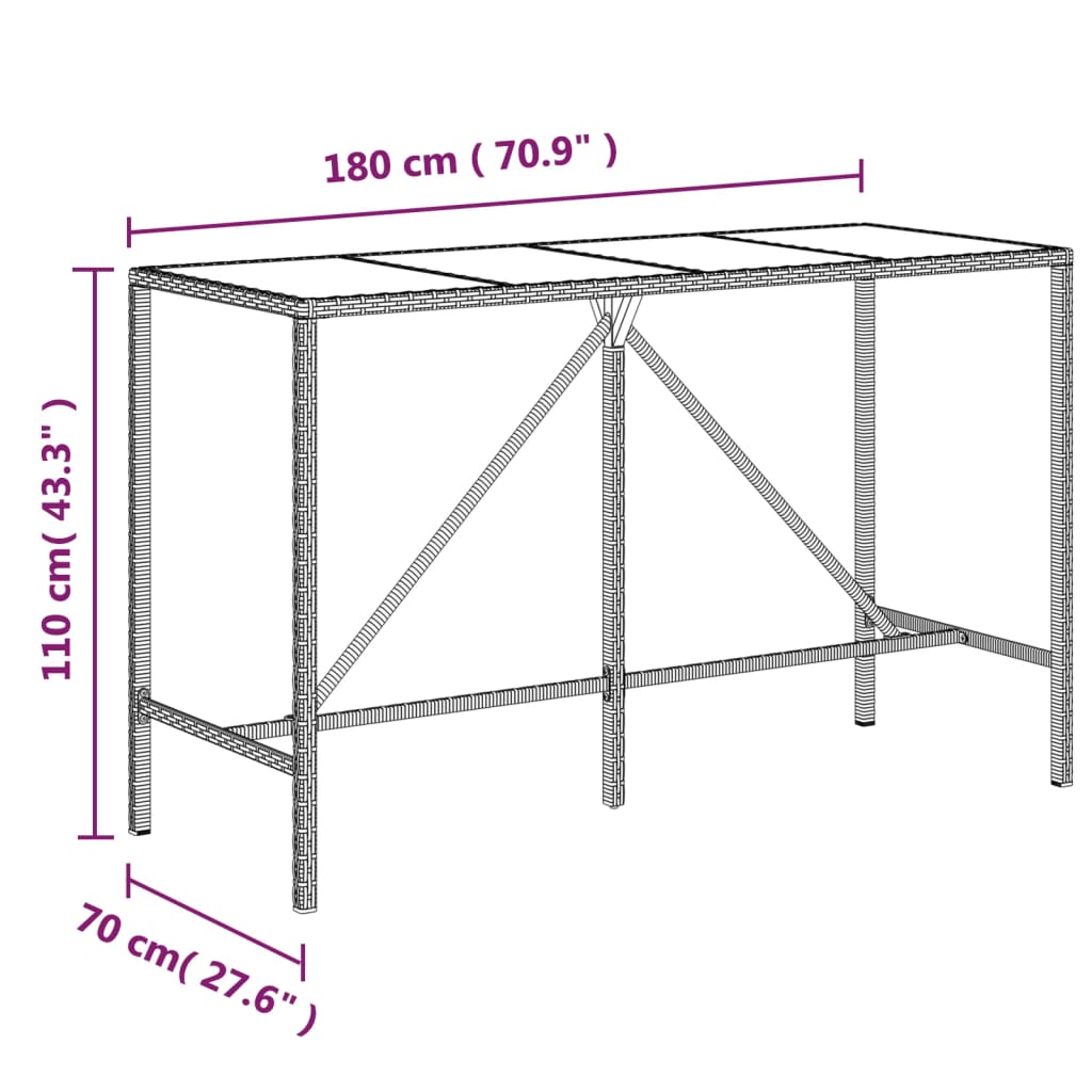 Barbord med glasskiva brun 180x70x110 cm konstrotting