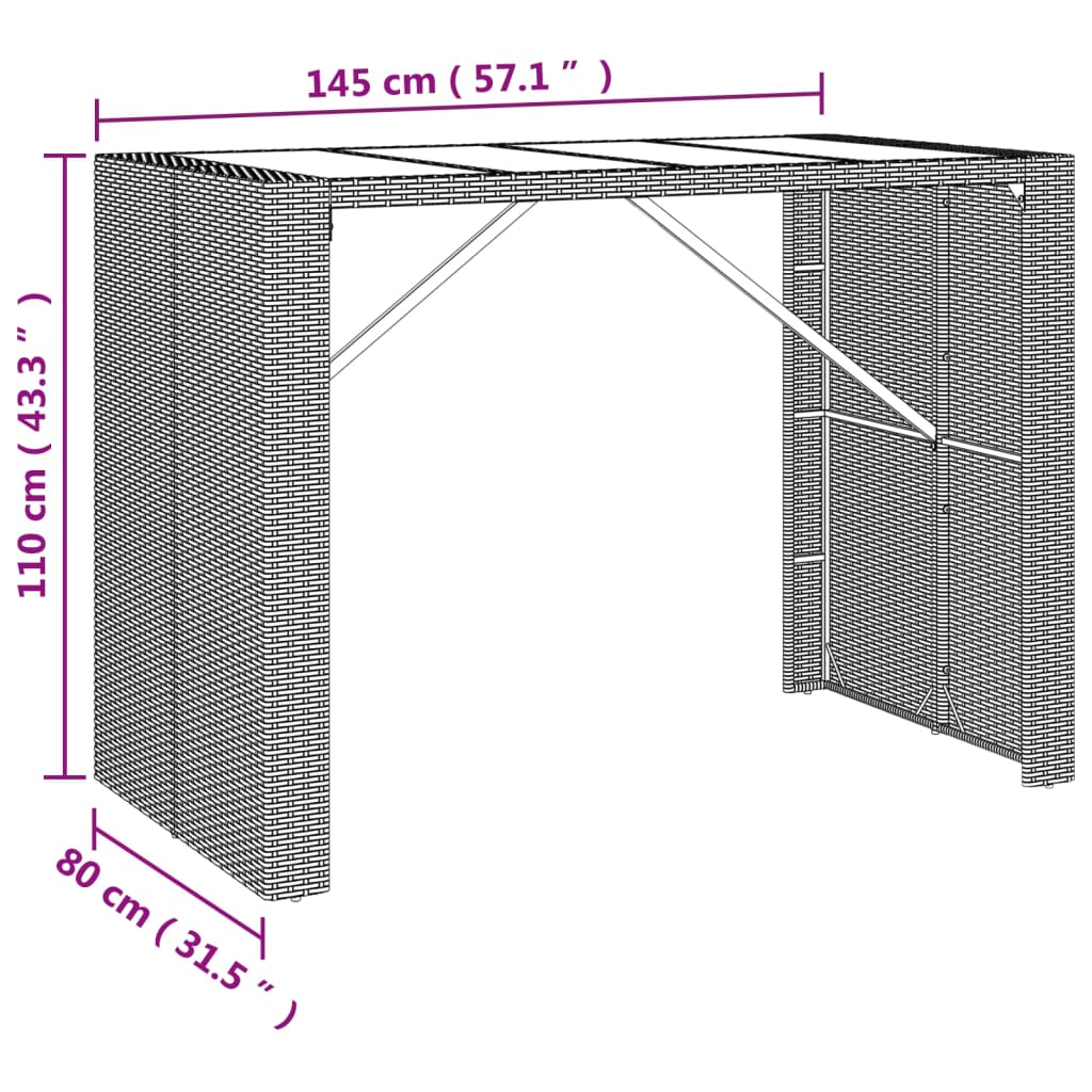 Barbord med glasskiva brun 145x80x110 cm konstrotting