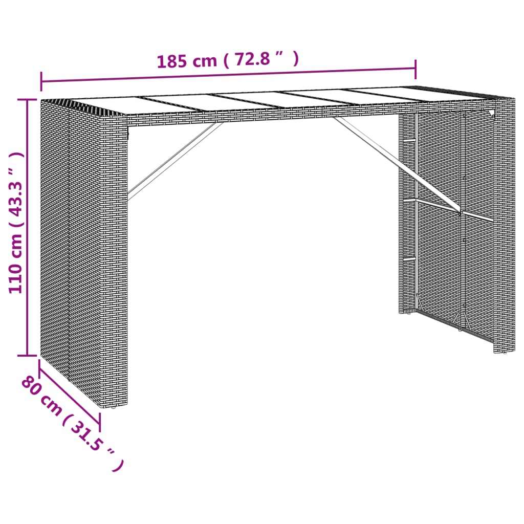 Barbord med glasskiva brun 185x80x110 cm konstrotting