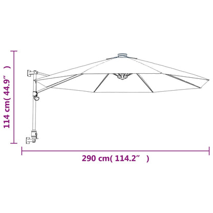 Väggmonterat parasoll med LED-lampor äppelgrön 290 cm