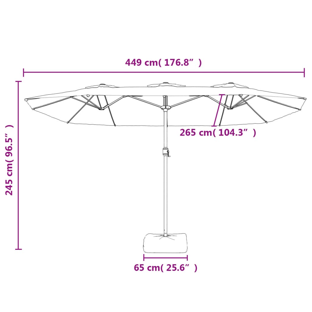 Trädgårdsparasoll dubbelt med LEDs sandvit 449x245 cm