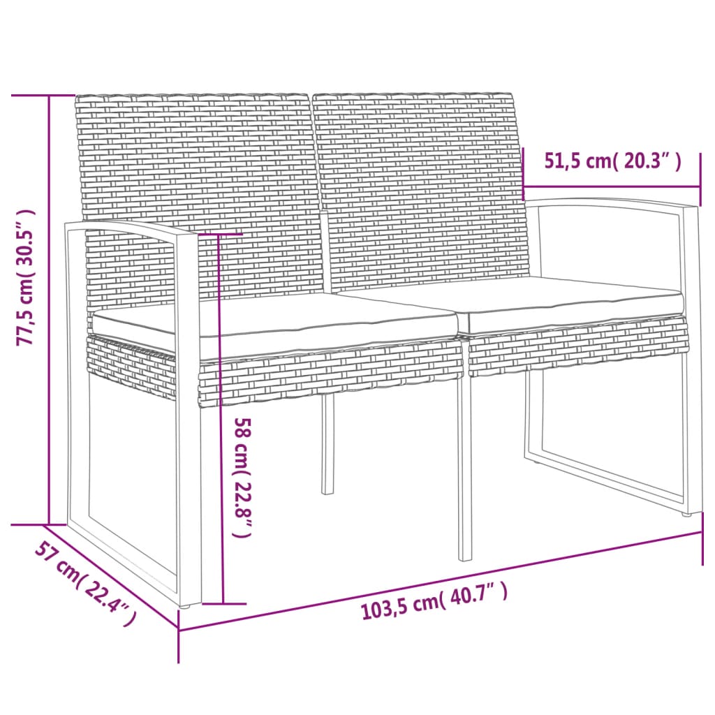 Trädgårdsbänk 2-sits med dynor konstrotting brun