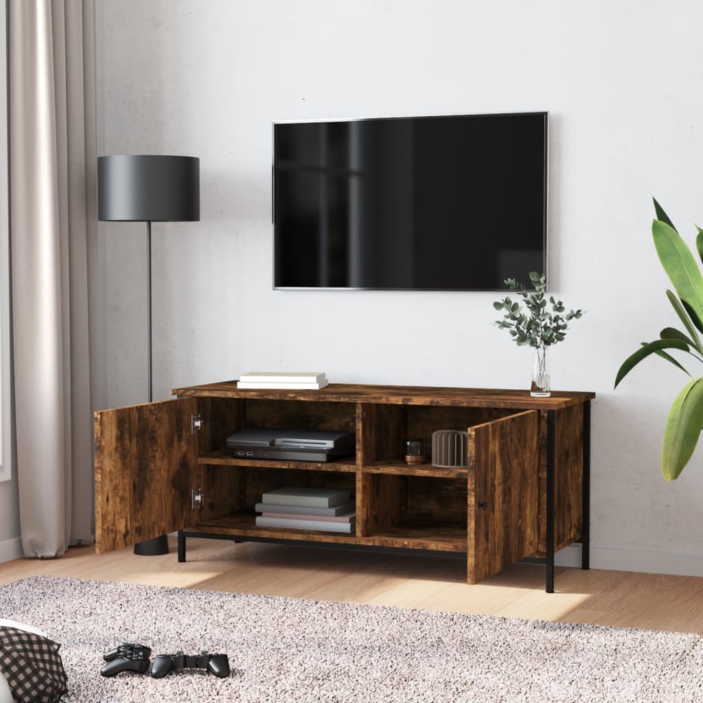 Tv-bänk med dörrar rökfärgad ek 102x35x45 cm konstruerat trä