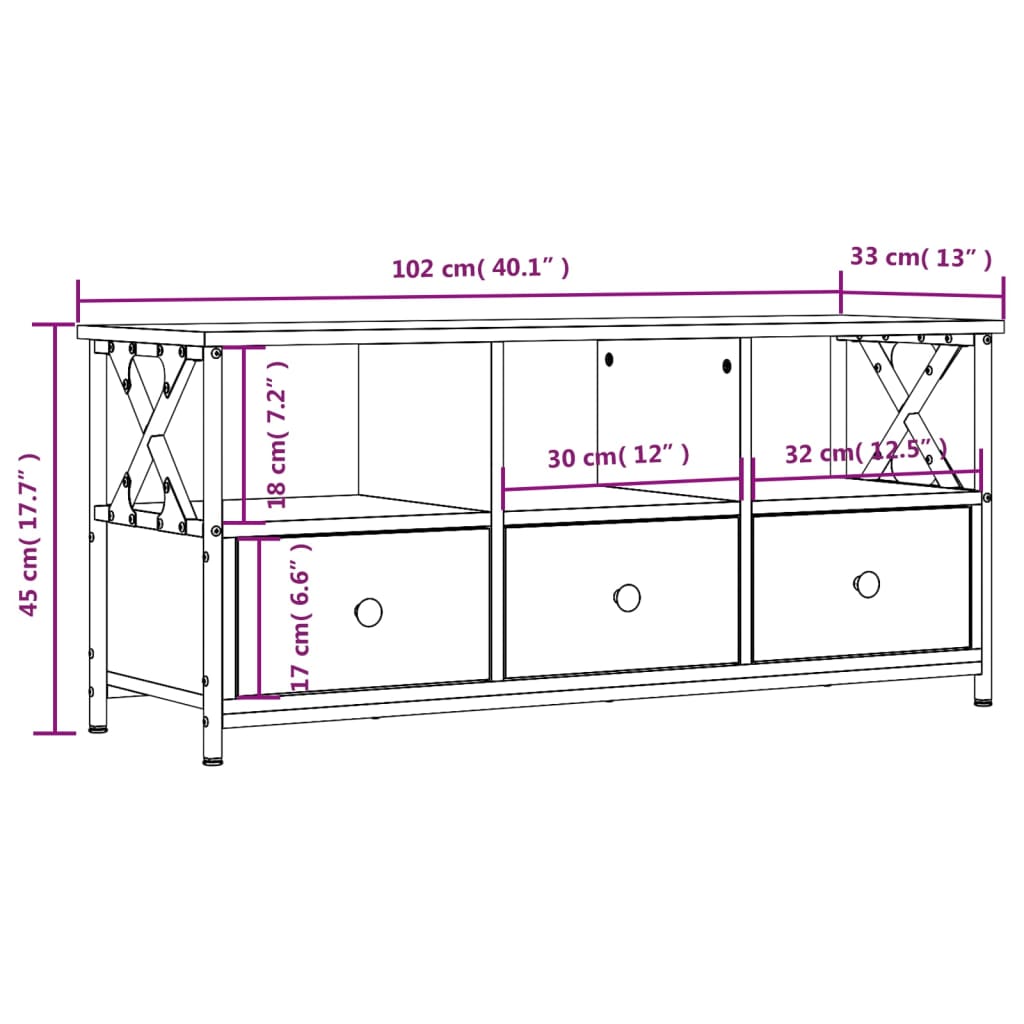 Tv-bänk rökfärgad ek 102x33x45 cm konstruerat trä & järn