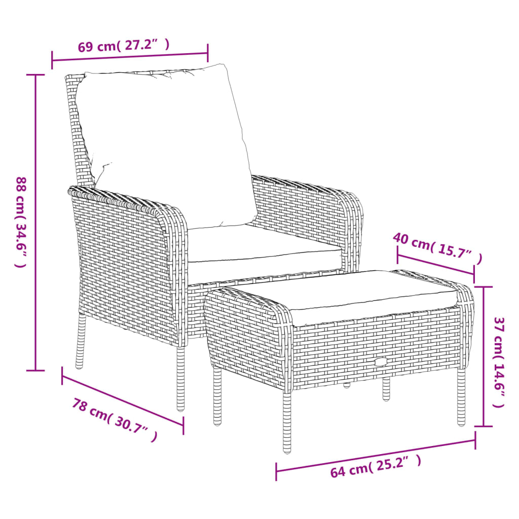 Reclinerstol for trädgården med fotpall ljusbrun konstrotting