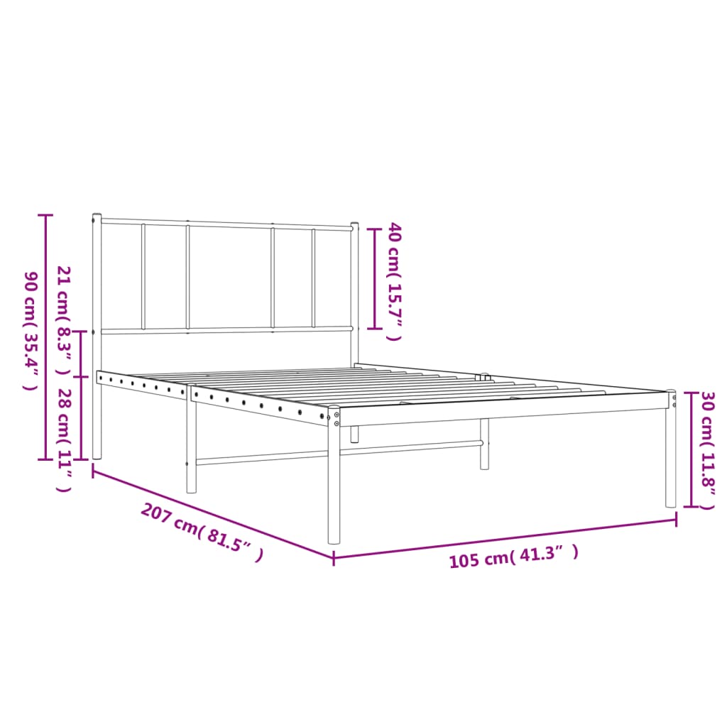 Sängram med huvudgavel metall vit 100x200 cm