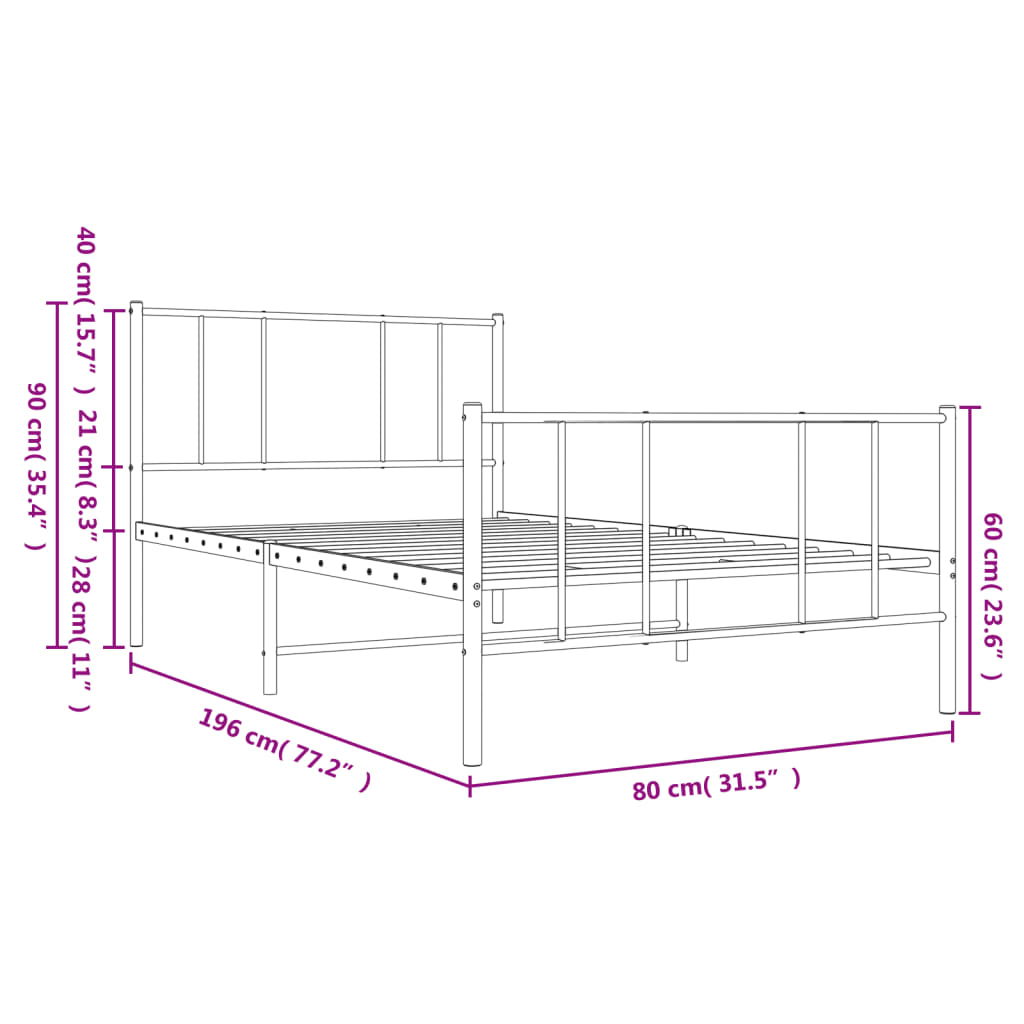 Sängram med huvudgavel och fotgavel vit metall 75x190 cm