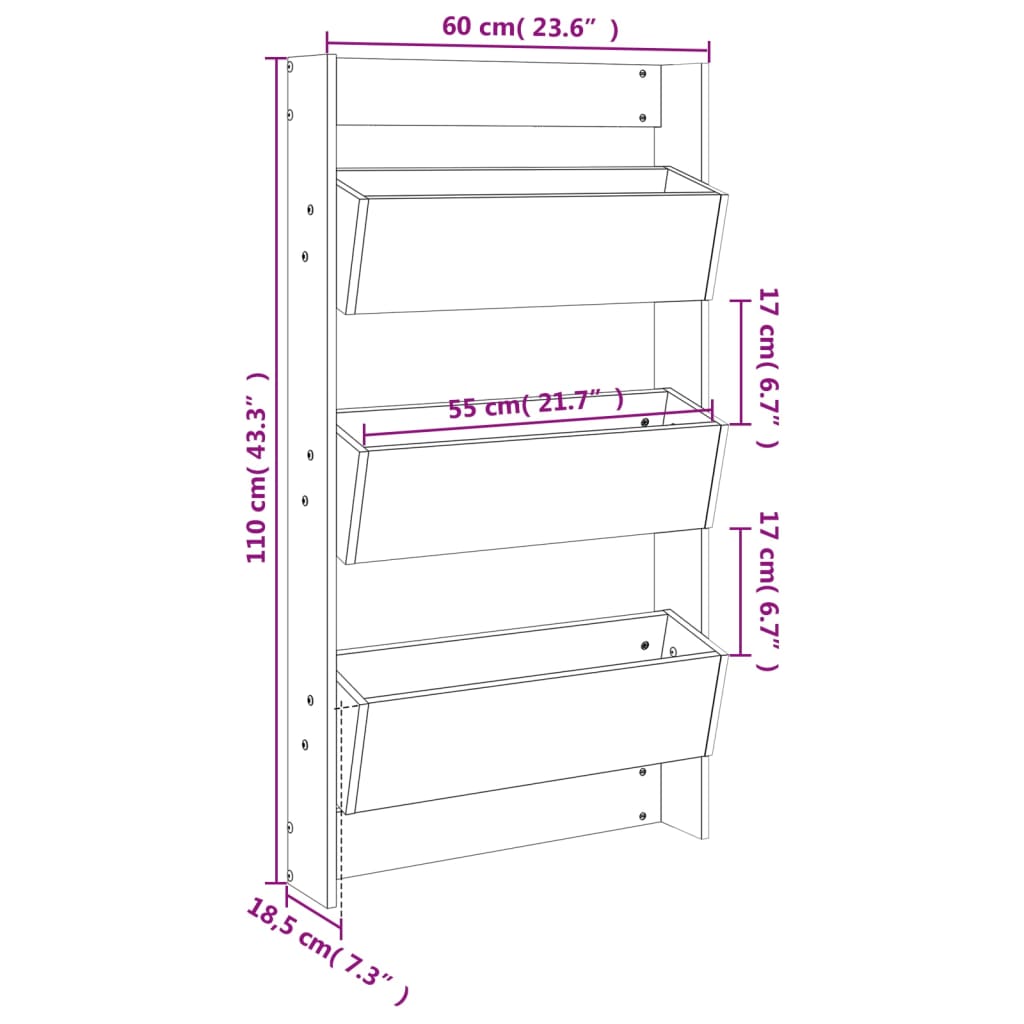 Odlingslåda för vägg 3 nivåer 60x18,5x110 cm massivt douglasträ