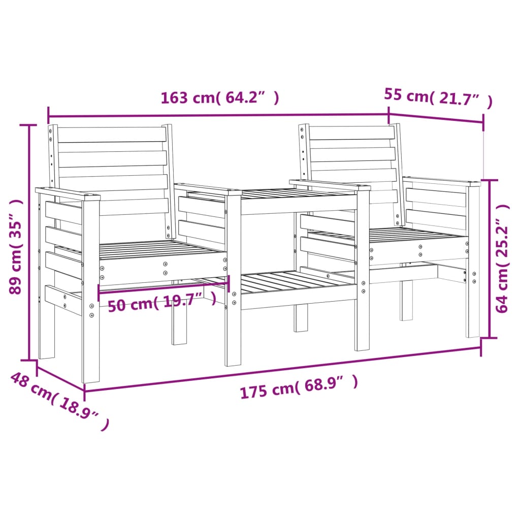 Trädgårdsbänk med bord 2-sits massiv furu