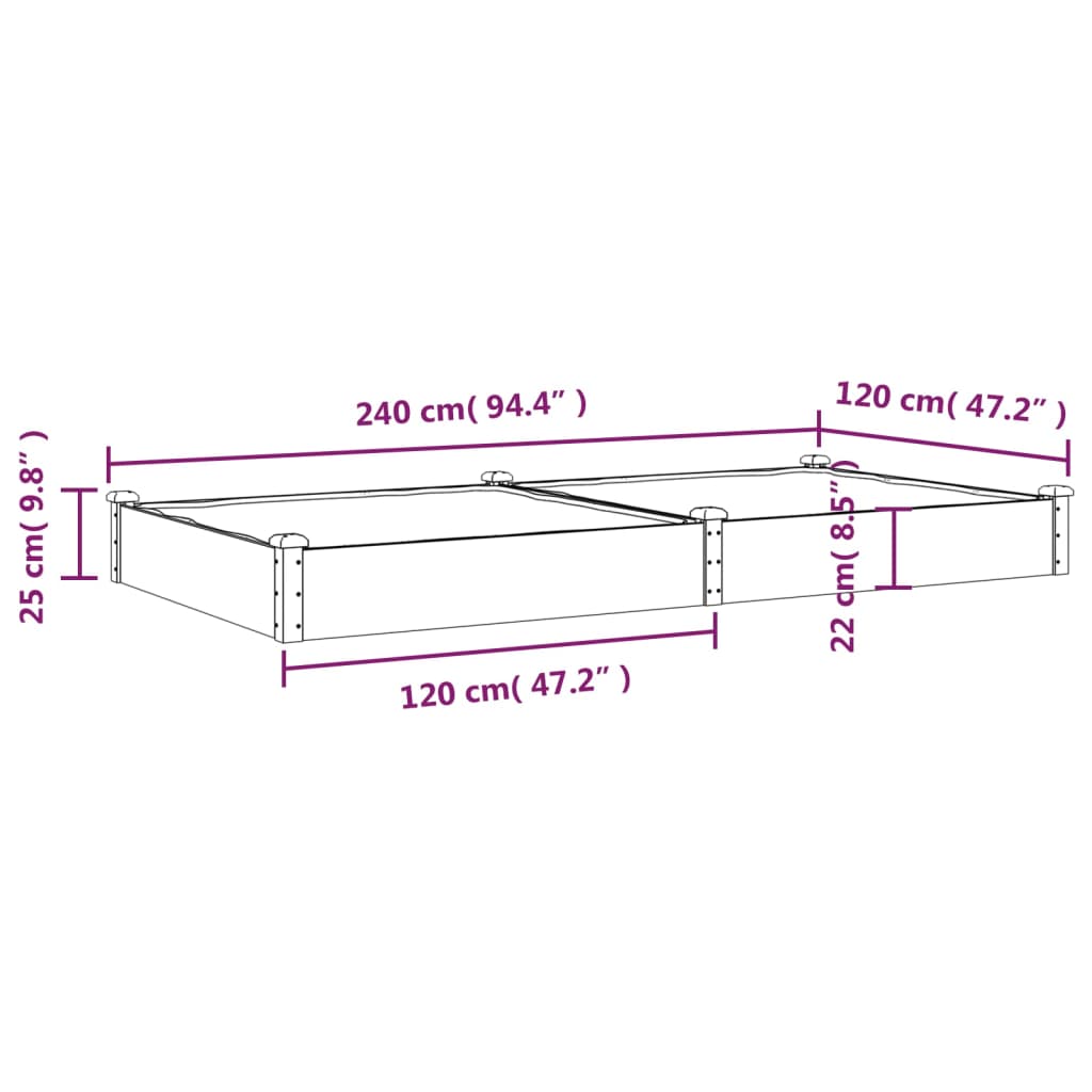 Odlingslåda med foder 240x120x25 cm massivt granträ