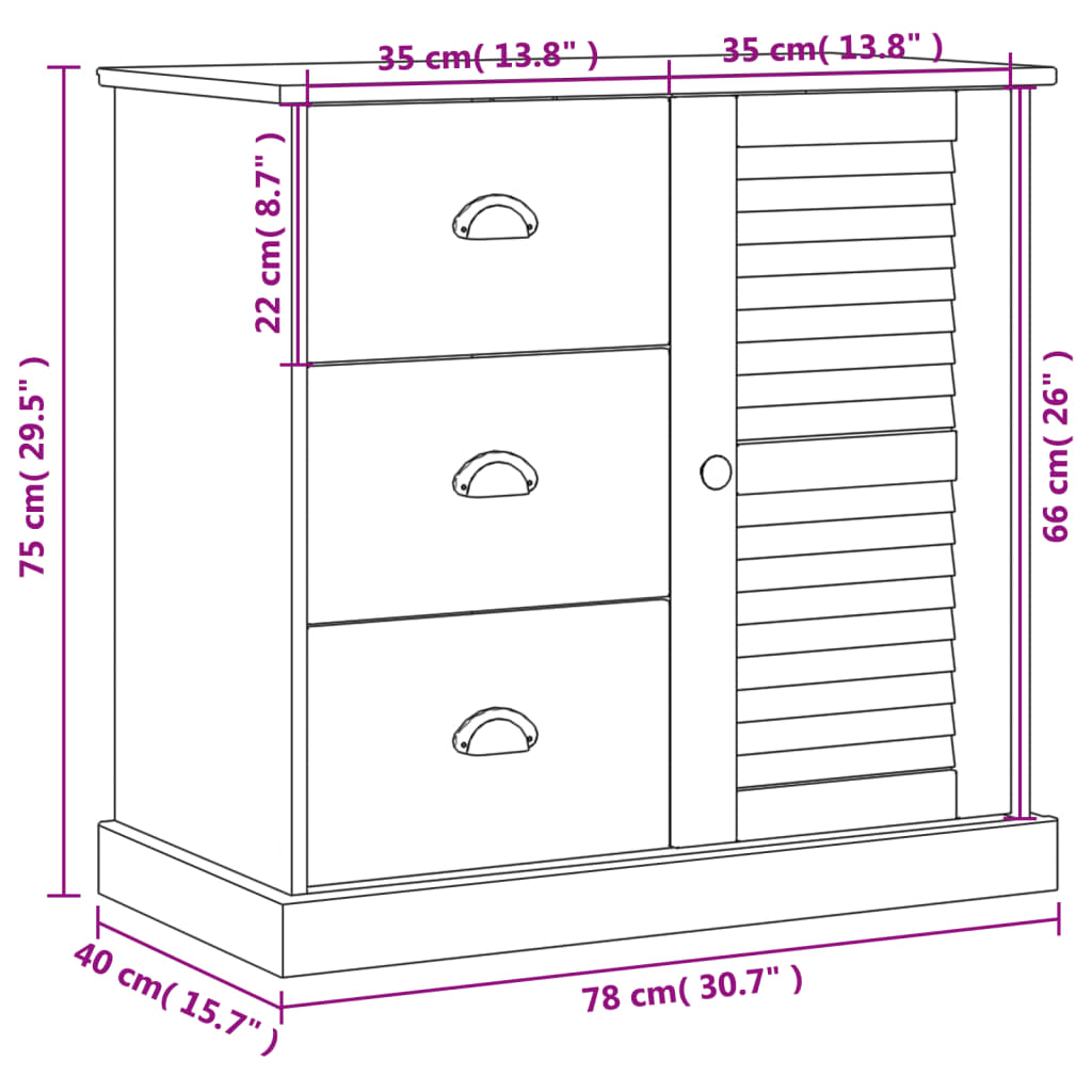 Skänk med lådor VIGO 78x40x75 cm vit massiv furu