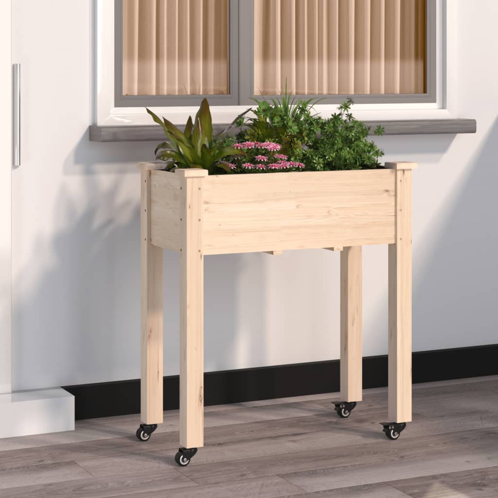 Odlingslåda på hjul med foder 71x37x80 cm massivt granträ