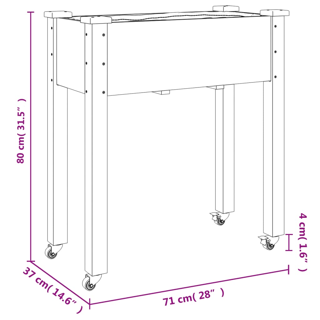 Odlingslåda på hjul med foder brun 71x37x80 cm massivt granträ