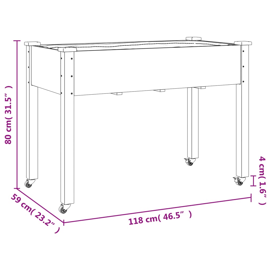 Odlingslåda på hjul med foder 118x59x80 cm massivt granträ