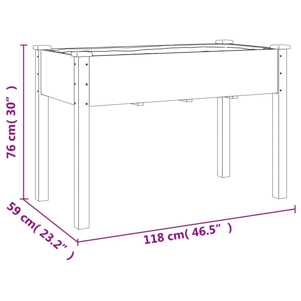 Odlingslåda på hjul med foder 118x59x80 cm massivt granträ