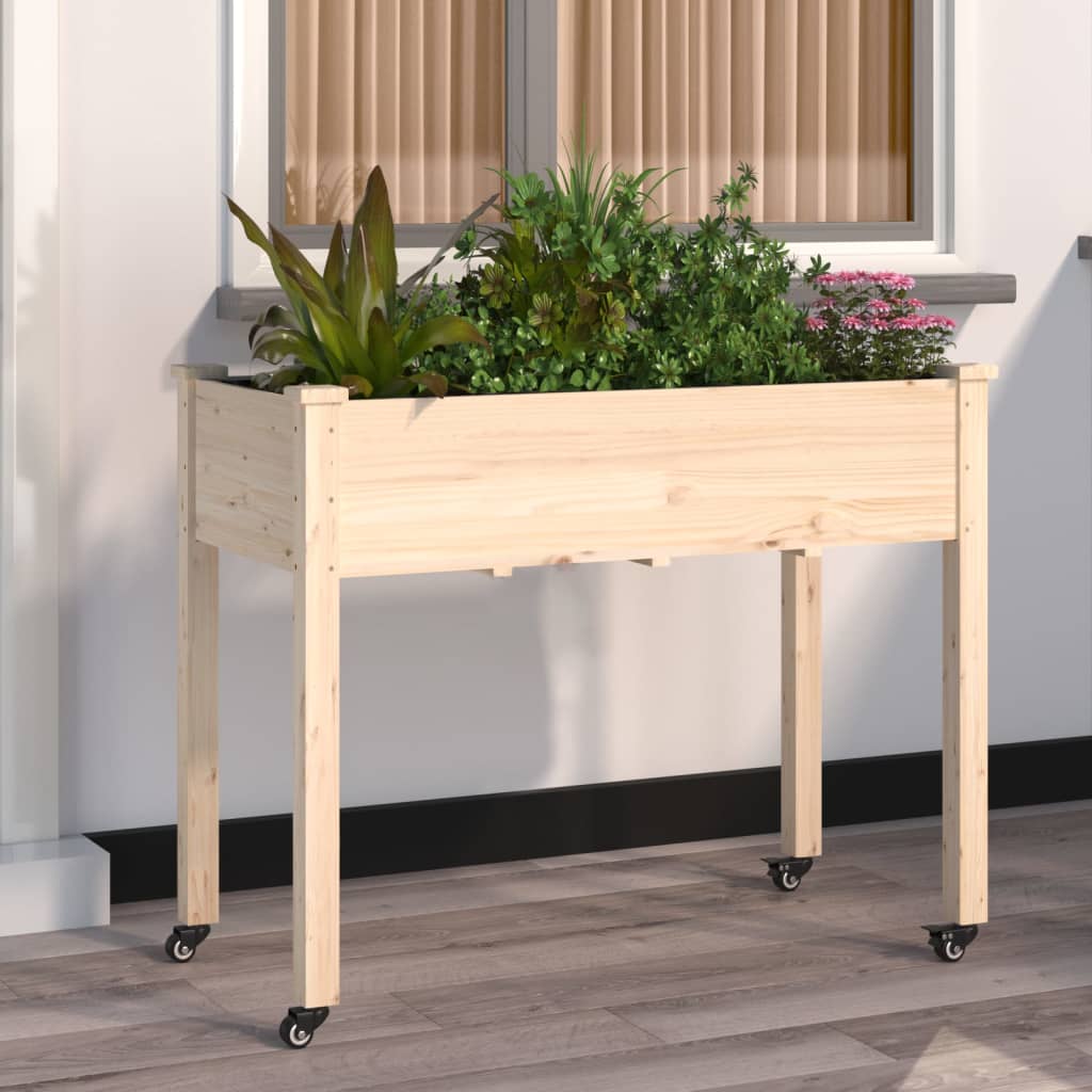 Odlingslåda på hjul med foder 118x59x80 cm massivt granträ